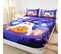 Manfei Halloween Fitted Sheet King Size,Cute Ghost Witch Hat Bedding Set 3pcs,Cartoon Pumpkin Lantern Bat Bed Cover with 2 Pillowcases,Kids Boys Girls Room Decor,Soft Bedding(No Flat)