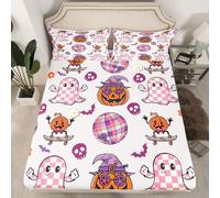 Manfei Halloween Fitted Sheet Single Size, Cute Ghost Pumpkin Bedding Set for Kids Boys Girls Bedroom Decor, Gothic Skull Bats Bed Cover with 1 Pillowcase, Soft Polyester Bedding