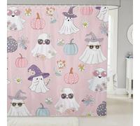 Manfei Halloween Shower Curtains Cute Ghosts Pumpkins Flower Bathroom Curtains,Halloween Pink Waterproof Bath Curtains with 12 Hooks Suit for Bathtub,Kids Boys Girls Room Decor,72" W x 78" L