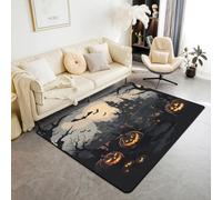 Manfei Halloween Theme Area Rug Black Castle Bats Indoor Floor Mats Entrance Rugs for Kids Boys Girls Room Decor,Cartoon Pumpkin Lantern Non Slip Absorbent Carpets, 4'11" x 3'3" (Rectangular)