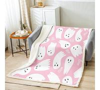 Manfei Halloween Throw Blanket Funny Ghost Print Blanket for Couch Sofa, Girly Pink Halloween Theme Bed Blanket for Kids Girls Room Decor, Soft and Breathable Fleece Blanket(90 x 90 Inches)