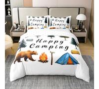 Manfei Happy Camping 100% Cotton Duvet Cover Double Size,Wild Bear Bedding Sets 3Pcs for Kids Boys Girls Teens Room Decor,Tent Campfire Comforter Cover Outdoor Travel Quilt Cover,2 Pillowcases