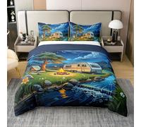 Manfei Happy Camping 100% Cotton Duvet Cover Set Single Size,Camper Trailer Bonfire Tent Bedding Set 2pcs,Adventure Theme Quilt Cover,Kids Boys Girls Room Decor,1 Pillowcase,No Comforter