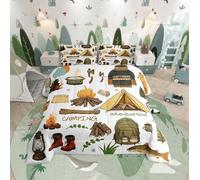 Manfei Happy Camping Kids Comforter Set Queen Size,Camper Equipment Tent Campfire Boots Bedding Set,Boys Girls Room Decor,Outdoor Adventure Time Down Comforter,Brown White Duvet Insert,2 Pillowcases