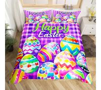 Manfei Happy Easter Duvet Cover Set Super King, Colorful Egg Print Bedding Set 3pcs, Purple Plaid Comforter Cover, Kids Girl Women Room Decor, Lightweight Bedspread Cover, 2 Pillowcases, No Comforter