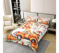 Manfei Happy Fall 100% Cotton Duvet Cover Set Super King,Orange Truck Pumpkin Sunflower Bedding Set 3pcs,Autumn Gnome Maple Tree Quilt Cover,Kids Boys Girls Room Decor,2 Pillowcases,No Comforter