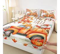 Manfei Happy Fall Fitted Sheet King Size,Orange Truck Pumpkin Sunflower Bedding Set 3pcs,Autumn Gnome Maple Tree Bed Cover with 2 Pillowcases,Kids Boys Girls Room Decor,Soft Bedding(No Flat)