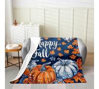 Manfei Happy Fall Flannel Blanket Blue and Orange Pumpkin Maple Leaf Throw Blanket Autumn Theme Cozy Throws for Bed Couch Sofa,Kids Boys Girls Room Decor,Soft and Breathable(30 x 40 Inches)