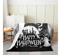Manfei Happy Halloween Flannel Blanket Castle Pumkpin Ghost Bat Throw Blanket Black and White Cozy Throws for Bed Couch Sofa,Kids Boys Girls Room Decor,Soft and Breathable(40 x 50 Inches)