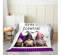Manfei Happy Halloween Flannel Blanket Cute Gnomes Spider Web Bats Throw Blanket Purple Plaid Cozy Throws for Bed Couch Sofa,Kids Boys Girls Room Decor,Soft and Breathable(50 x 60 Inches)