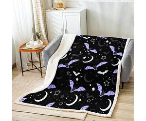 Manfei Happy Halloween Kids Throw Blanket Purple Bats Blanket for Couch Sofa, Moon Stars Print Bed Blanket for Boys Girls Teen Room Decor, Soft and Breathable Fleece Blanket(50 x 60 Inches)