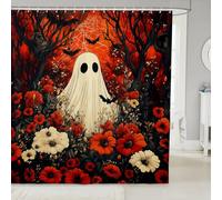 Manfei Happy Halloween Shower Curtains Cute Ghost Bathroom Curtains,Watercolor Flower Leaves Print Waterproof Bath Curtains with 12 Hooks Suit for Bathtub,Kids Boys Girls Room Decor,72" W x 78" L