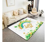 Manfei Happy St Patrick Day's Area Rugs,Gold Coin Rainbow Non Slip Carpet Green Clover Leaves Indoor Floor Mat Entrance Rug,Spring Plants Home Living Room Bedroom Decor,5x6'6''