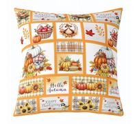 Manfei Hello Autumn Throw Pillow Covers (Pack of 1),Pumpkin Sunflower Cushion Cover,Kids Girl Boy Teens Patchwork Orange Check Pillow Cases Rustic Farmhouse Living Room Sofa Bed Decor,20" Lx20 W