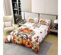 Manfei Hello Fall 100% Cotton Duvet Cover Set Single Size,Autumn Pumpkin Sunflower Maple Leaf Bedding Set 2pcs,Grey Wooden Plank Quilt Cover,Kids Boys Girls Room Decor,1 Pillowcase,No Comforter