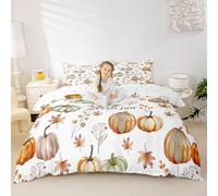 Manfei Hello Fall Duvet Cover Set Double Size,Cute Pumpkins Maple Leaves Bedding Set 3pcs,Autumn Harvest Theme Quilt Cover,Kids Boys Girls Room Decor,2 Pillowcases,No Comforter
