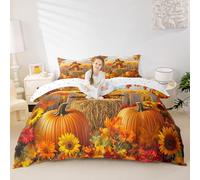 Manfei Hello Fall Duvet Cover Set Single Size,Cute Pumpkin Maple Leaf Sunflower Bedding Set 2pcs,Autumn Harvest Quilt Cover,Kids Boys Girls Room Decor,1 Pillowcase,No Comforter