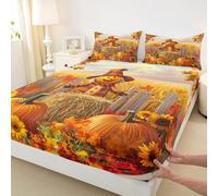 Manfei Hello Fall Fitted Sheet King Size,Cute Pumpkin Maple Leaf Sunflower Bedding Set 3pcs,Autumn Harvest Bed Sheets with 2 Pillowcases,Kids Boys Girls Room Decor,Soft Bedding(No Flat)