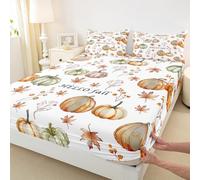 Manfei Hello Fall Fitted Sheet King Size,Cute Pumpkins Maple Leaves Bedding Set 3pcs,Autumn Harvest Theme Bed Sheets with 2 Pillowcases,Kids Boys Girls Room Decor,Soft Bedding(No Flat)