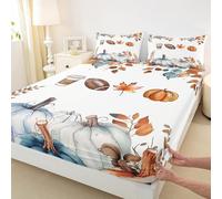 Manfei Hello Fall Fitted Sheet King Size,Football Pumpkins Maple Leaf Bedding Set 3pcs,Autumn Harvest Theme Bed Sheets with 2 Pillowcases,Kids Boys Girls Room Decor,Soft Bedding(No Flat)