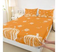 Manfei Hello Fall Fitted Sheet Single Size,Cute Pumpkins Maple Leaf Mushroom Bedding Set 2pcs,Autumn Harvest Bed Sheets with 1 Pillowcase,Kids Boys Girls Room Decor,Soft Bedding(No Flat)