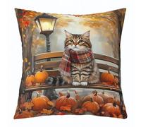 Manfei Hello Fall Throw Pillow Cover Cute Cat Pumpkins Maple Leaves Double Sides Pillow Case for Kids Boys Girls Room Decor,Autumn Theme Cushion Cover for Bed Couch Sofa,1 Pack 18"x18"