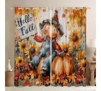 Manfei Hello Fall Window Curtains Cartoon Pumpkins Sunflower Window Drapes,Fall Harvest Theme Window Treatments,Kids Boys Girls Room Decor,Grommet Top 2 Panel Set Bedroom Curtains, 46Wx72L inch