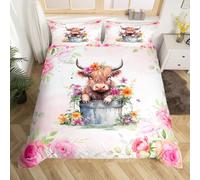 Manfei Highland Cattle Duvet Cover Set Double Size, Watercolor Flower Comforter Cover with 2 Pillowcases, Floral Farm Cow Bedding Set 3pcs for Kids Girls Adults Room Decor Lightweight Bedspread Cover