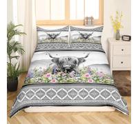 Manfei Highland Cattle Kids Duvet Cover Set King Size, Floral Cow Comforter Cover, Boho Exotic Aztec Grey Bedding Set for Boys Girls Adult Bedroom Decor, Lightweight Bedspread Cover, 2 Pillowcases