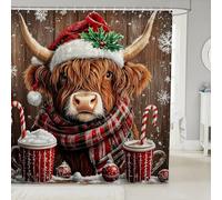 Manfei Highland Cattle Kids Shower Curtains,Christmas Cow Snowflake Bathroom Curtain,Wooden Plank Rustic Farmhouse Home Decor,Red Brown Waterproof Curtains,12 Hooks Suits,72" W x 72" L