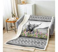 Manfei Highland Cattle Kids Throw Blanket Floral Cow Blanket for Couch Sofa, Boho Exotic Aztec Grey Bed Blanket for Boys Girls Adult Room Decor, Soft and Breathable Fleece Blanket(60 x 80 Inches)