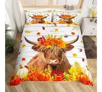 Manfei Highland Cow Fall Duvet Cover Set King Size, Pumpkin Maple Leaves Comforter Cover with 2 Pillowcases, Grey Wooden Bedding Set 3pcs for Kids Boy Girls Room Decor Autumn Harvest Bedspread Cover