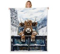 Manfei Highland Cow Kids Throw Blanket,Cute Calf Animal Cedar Snow Bed Blanket,Truck Rustic Farmhouse Girls Boys Sofa Decor,Blue Brown Fuzzy Blanket,Queen Size (90 x 90 Inches)