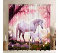 Manfei Horses Kids Window Curtains Pink Flower Trees Window Treatments, Cartoon Animals Theme Window Drapes for Boys Girls Adults Room Decor, Grommet Top 2 Panel Set Bedroom Curtains, 46Wx54L inch
