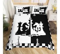 Manfei International Chess Kid Duvet Cover Set Double Size, Chess Games Bedding Set for Boy Teen Room Decor, Black and White Grid Comforter Cover, Soft Polyester Quilt Cover,2 Pillowcases,No Comforter
