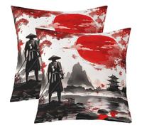 Manfei Japanese Samurai Pillow Case Cover,Red Sun Flower 16"x16" Soft Cushion Cover Reversible Print,Ink Painting Mountain Scenery Art Decorative Throw Pillow Cover 2 Pack