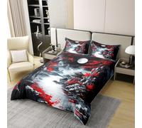 Manfei Japanese Style 100% Cotton Duvet Cover Set Single Size,Red Cherry Blossom Moon Bedding Set 2pcs,Vintage Nature Mountain Quilt Cover,Kids Boys Girls Room Decor,1 Pillowcase,No Comforter