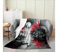 Manfei Japanese Style Flannel Blanket Red Cherry Blossom Moon Throw Blanket Retro Ink Painting Cozy Throws for Bed Couch Sofa,Kids Boys Girls Room Decor,Soft and Breathable(60 x 80 Inches)