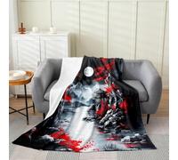 Manfei Japanese Style Flannel Blanket Red Cherry Blossom Moon Throw Blanket Vintage Nature Mountain Cozy Throws for Bed Couch Sofa,Kids Boys Girls Room Decor,Soft and Breathable(60 x 80 Inches)