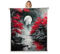 Manfei Japanese Style Throw Blanket Red Cherry Blossom Moon Fleece Blanket Retro Ink Painting Cozy Throws for Bed Couch Sofa,Kids Boys Girls Room Decor,Soft and Breathable(90 x 90 Inches)