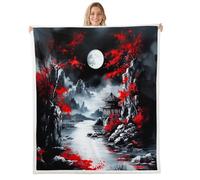 Manfei Japanese Style Throw Blanket Red Cherry Blossom Moon Fleece Blanket Vintage Nature Mountain Cozy Throws for Bed Couch Sofa,Kids Boys Girls Room Decor,Soft and Breathable(40 x 50 Inches)