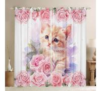 Manfei Kawaii Cat Window Drapes Block 30%-50% Light,Kids Cute Animal Kitten Pet Kitchen Window Treatments 42Wx63L Inches,Floral Pink Rose Blossoms Decor Window Curtains