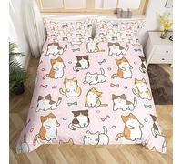 Manfei Kawaii Cats Duvet Cover Set Single Size, Cartoon Animal Theme Comforter Cover with 1 Pillowcase, Cute Cartoon Cat Bedding Set 2pcs for Kids Boys Girls Bedroom Decor Girly Pink Bedspread Cover
