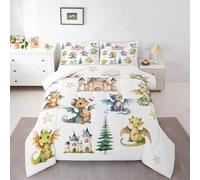 Manfei Kawaii Dragon Kids Comforter Set Queen Size,Western Dragon Castle Princess Bedding Set,Boys Girls Room Decor,Cartoon Animal Wildlife Down Comforter,White Duvet Insert,2 Pillowcases