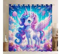 Manfei Kawaii Unicorn Girl Window Curtains Dreamy Galaxy Unicorn Window Drapes for Kid Princess Room Decor, Cartoon Unicorn Window Treatments, Grommet Top 2 Panel Set Bedroom Curtains, 66Wx72L inch