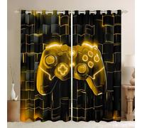 Manfei Kids Gamer Blackout Curtain Black Gold Grid Videogame Console Window Treatments, Modern Gaming Window Drapes for Boys Teen Room Decor, Grommet Top 2 Panel Set Bedroom Curtains, 46Wx72L inch