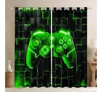 Manfei Kids Gaming Window Curtains Green Grid Videogame Console Window Drapes for Boys Teens Room Decor, Gamer Controller Window Treatments, Grommet Top 2 Panel Set Bedroom Curtains, 46Wx72L inch