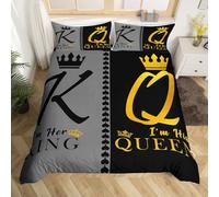 Manfei King and Queen Duvet Cover Set Single Size, Black Gold Crown Bedding Set for Lover and Couple Room Decor, Grey and Black Comforter Cover, Soft Polyester Quilt Cover, 1 Pillowcase, No Comforter