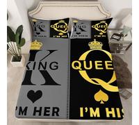 Manfei King and Queen Fitted Sheet Single Size, Her and His Crown Bedding Set for Lover Couple Room Decor, Grey Black Gold Bed Cover with 1 Pillowcase, Soft Polyester Bedding, No Top Sheet