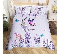 Manfei Lavender Duvet Cover Set Double Size, Purple Flower Butterfly Bedding Set 3pcs for Kids Boys Girls Room Decor, Botanical Floral Print Comforter Cover Wild Plants Quilt Cover with 2 Pillowcases